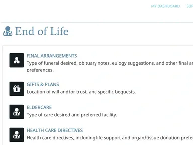 My Life & Wishes End of Life screen