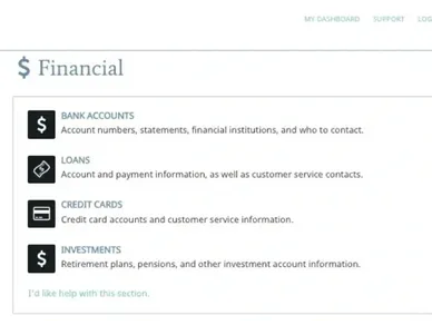 My Life & Wishes Financial screen